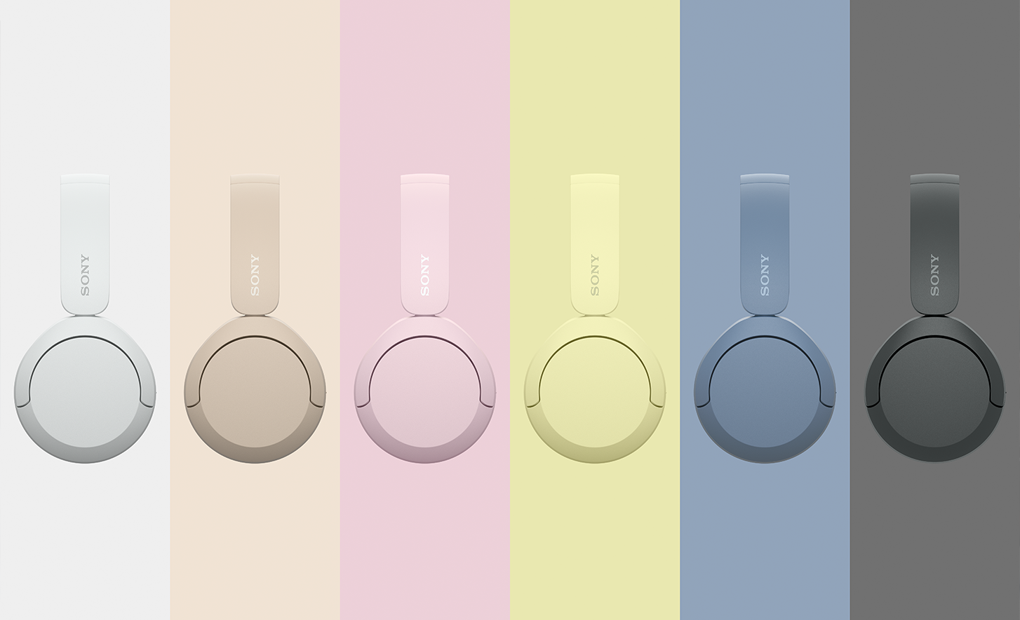 Sony WH-CH520 headphones in six colours: white, beige, pink, yellow, blue, and black, against matching backgrounds.