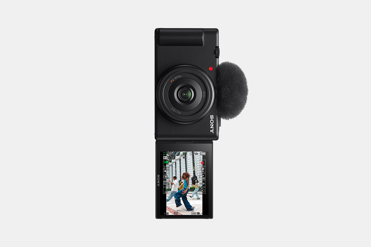Image of ZV-1F camera with LCD display flipped to front in vertical format