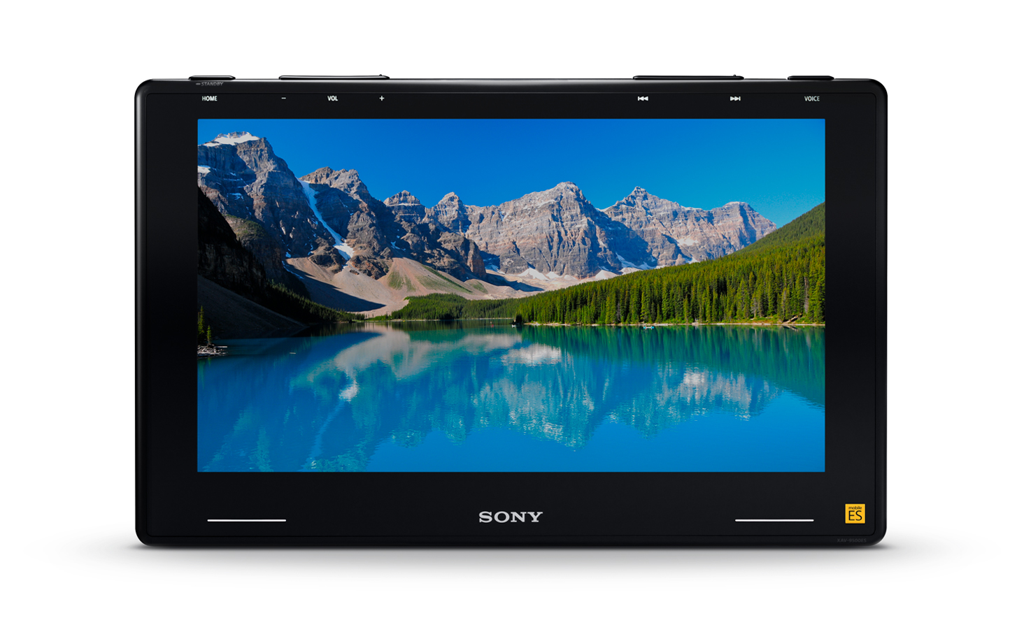 Front view of the XAV-9550ES with a lake and mountain scene on-screen