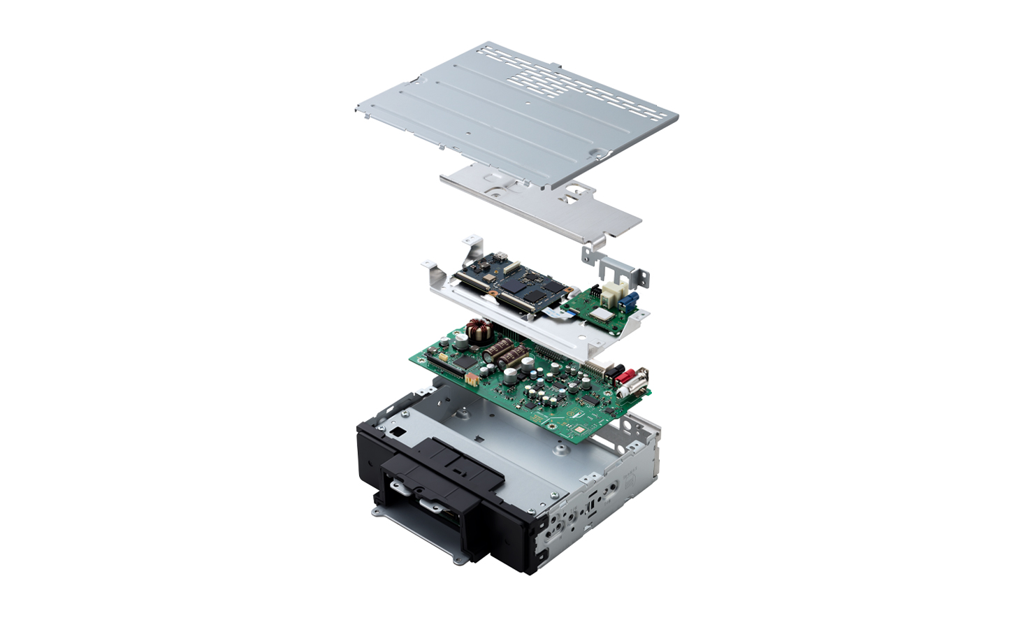Expanded profile of the XAV-9550ES showing dual-layer design and internal motherboards