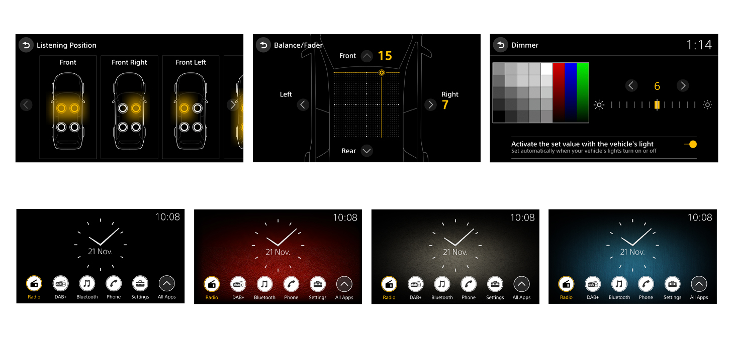 Image of multiple on-screen interfaces and their options for the XAV-9550ES