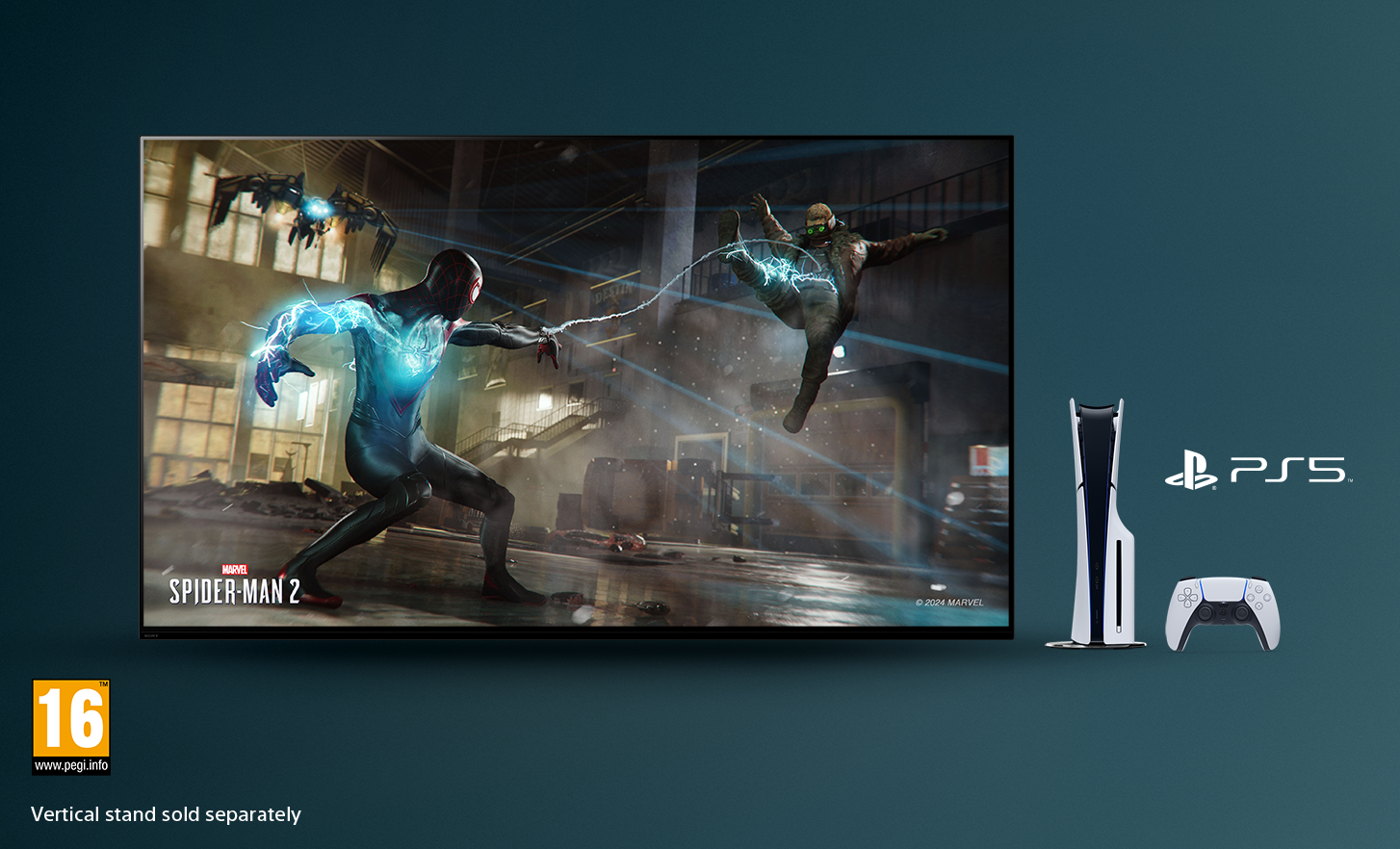 TV with screenshot of Marvel SPIDER-MAN 2, PlayStation® 5 console and controller to right and PEGI 16 logo bottom left